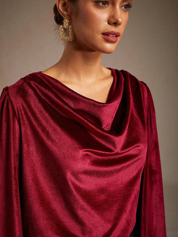 Elegant Stretch Velvet Blouse with Cowl Collar