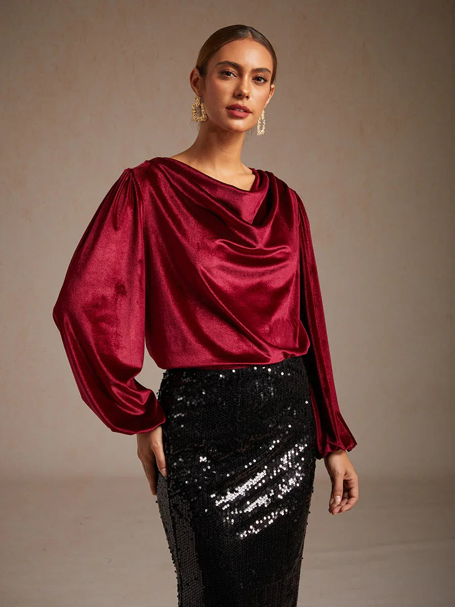 Elegante Stretchfluwelen Blouse met Drapéhals