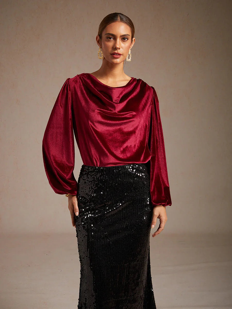 Elegante Stretchfluwelen Blouse met Drapéhals