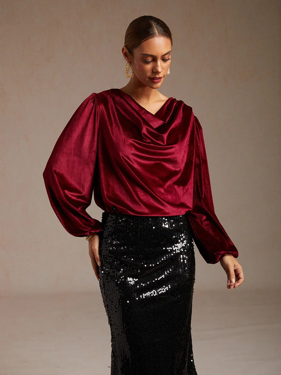 Elegante Stretchfluwelen Blouse met Drapéhals