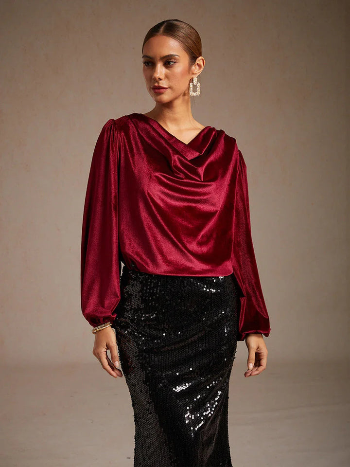 Elegante Stretchfluwelen Blouse met Drapéhals