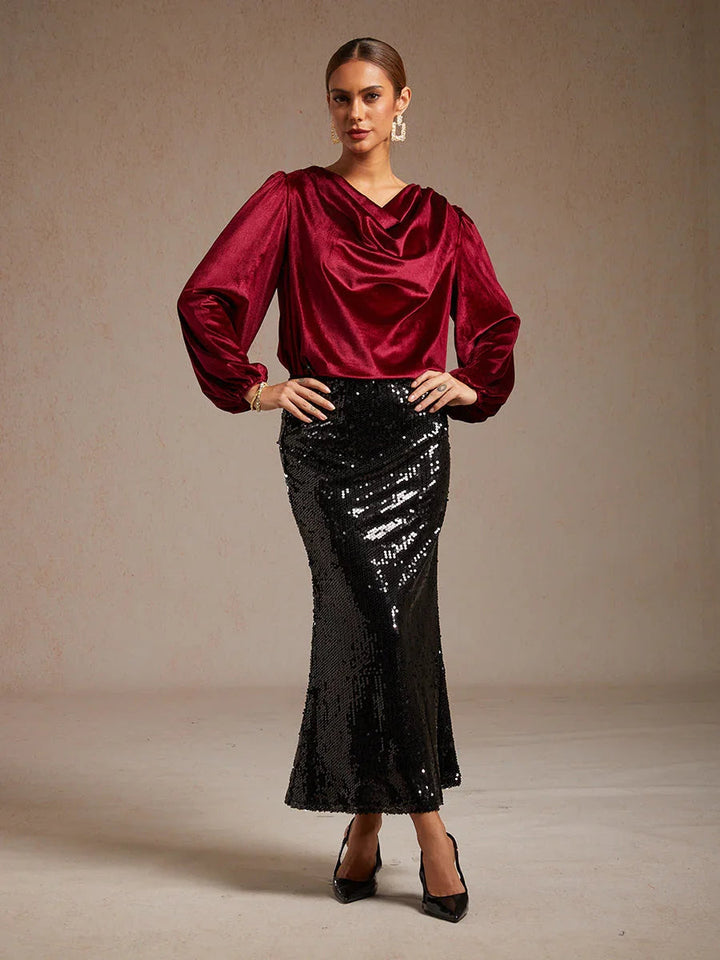Elegante Stretchfluwelen Blouse met Drapéhals