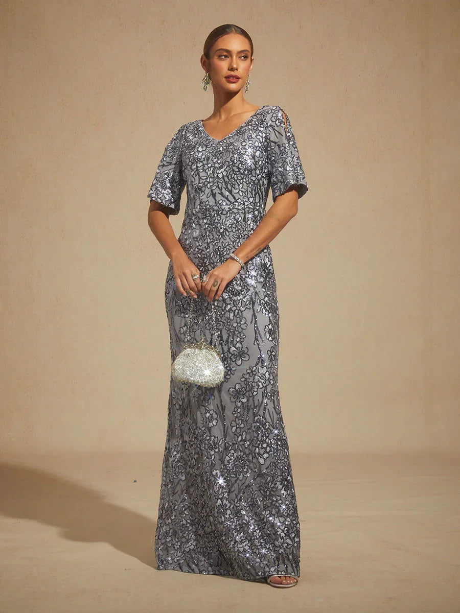 V-hals Avondjurk met Paillettenborduursel en Cold-Shoulder