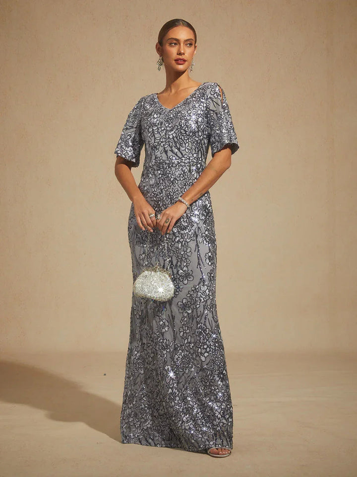 V-hals Avondjurk met Paillettenborduursel en Cold-Shoulder