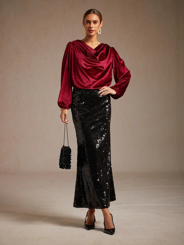 Elegante Stretchfluwelen Blouse met Drapéhals