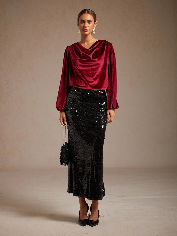 Elegante Stretchfluwelen Blouse met Drapéhals