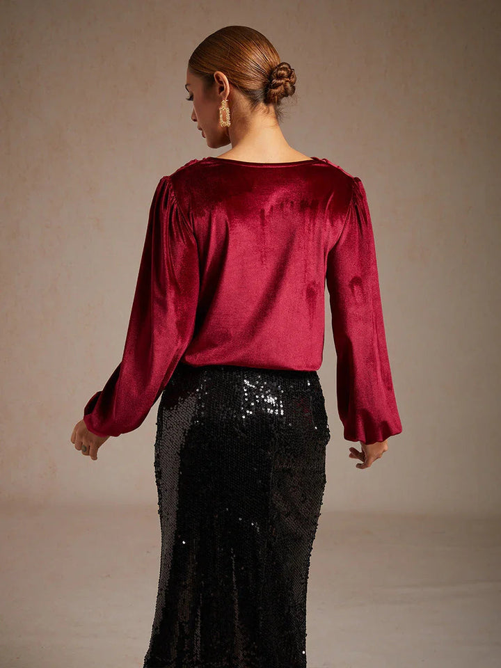 Elegante Stretchfluwelen Blouse met Drapéhals