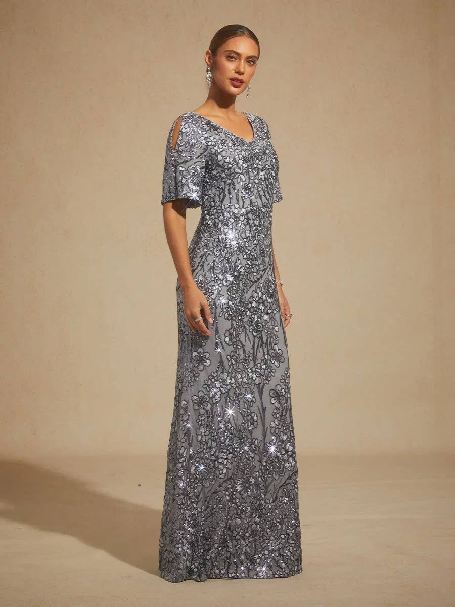 V-hals Avondjurk met Paillettenborduursel en Cold-Shoulder