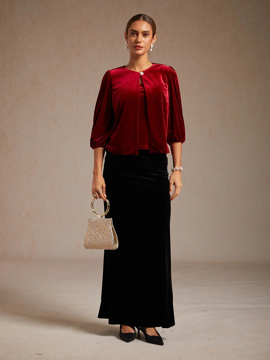 Velvet Puff-Sleeve Twinset with Embellished Neckline Closure