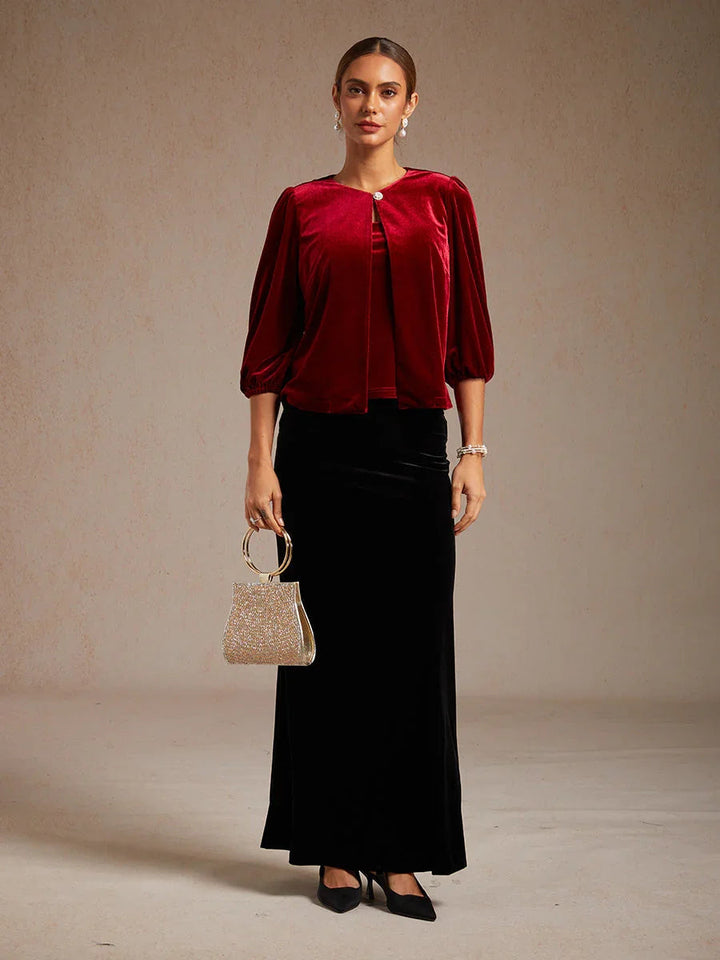 Velvet Puff-Sleeve Twinset with Embellished Neckline Closure