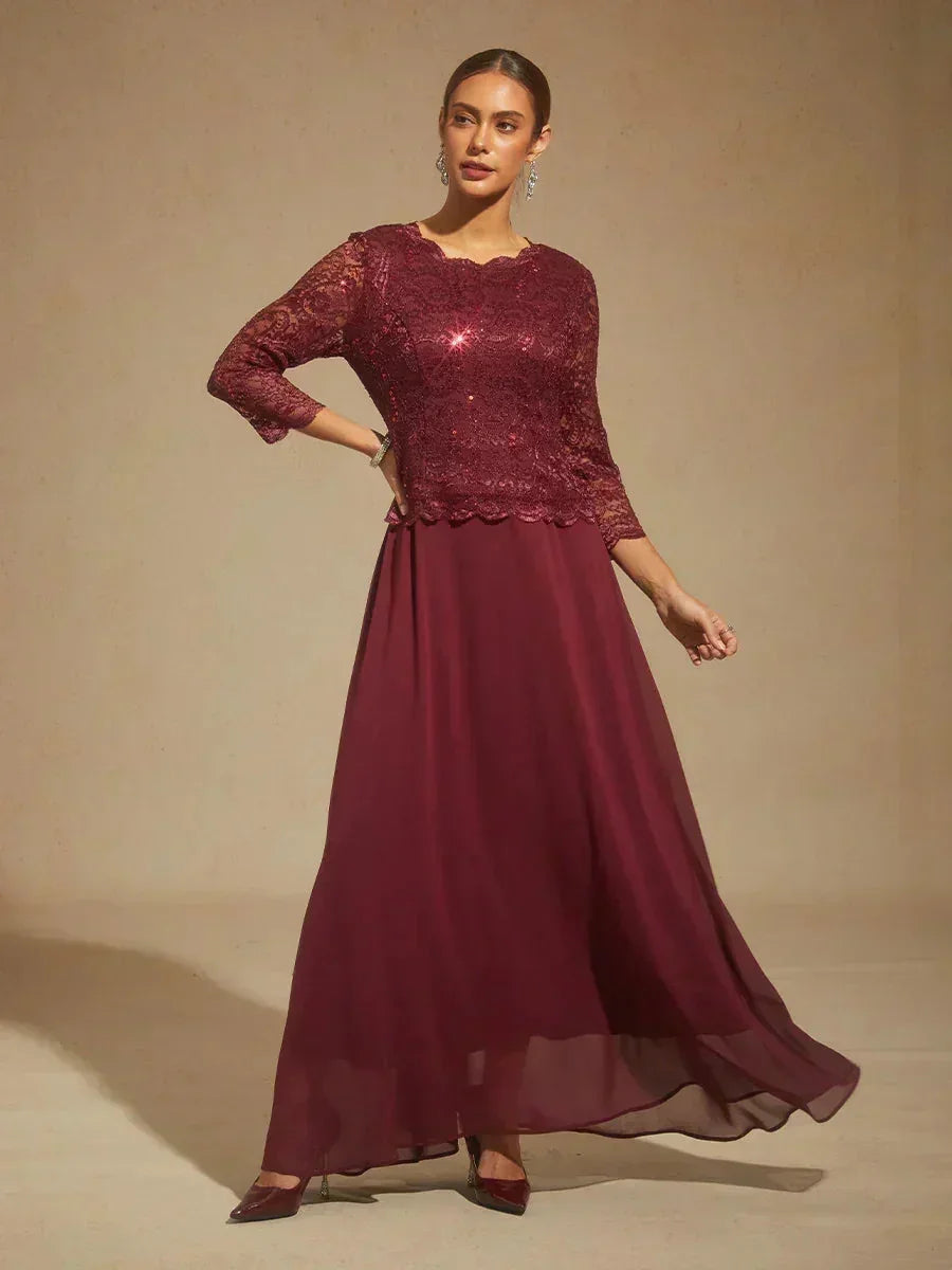 Elegante Kanten- en Chiffonjurk Tot op de Vloer