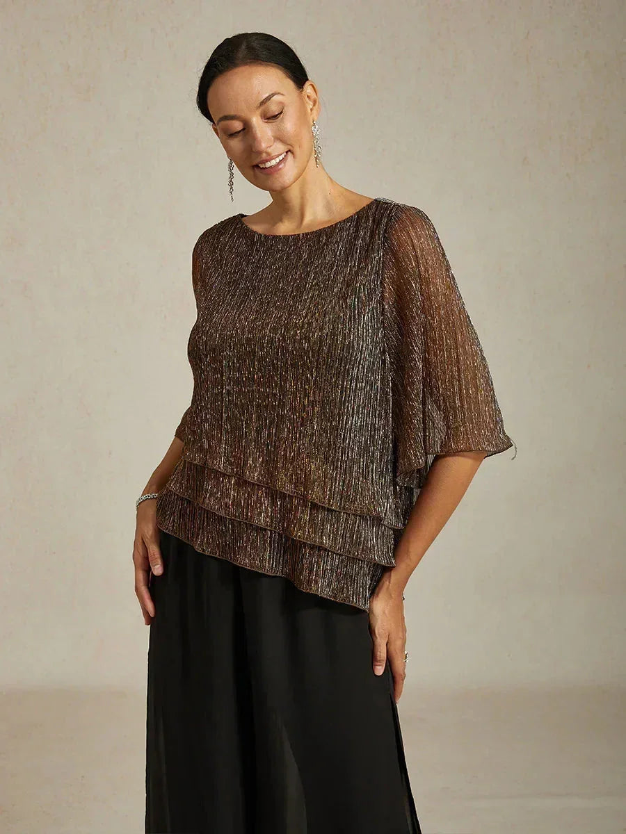 Metallic Geplooide Chiffon Asymmetrische Gelaagde Blouse