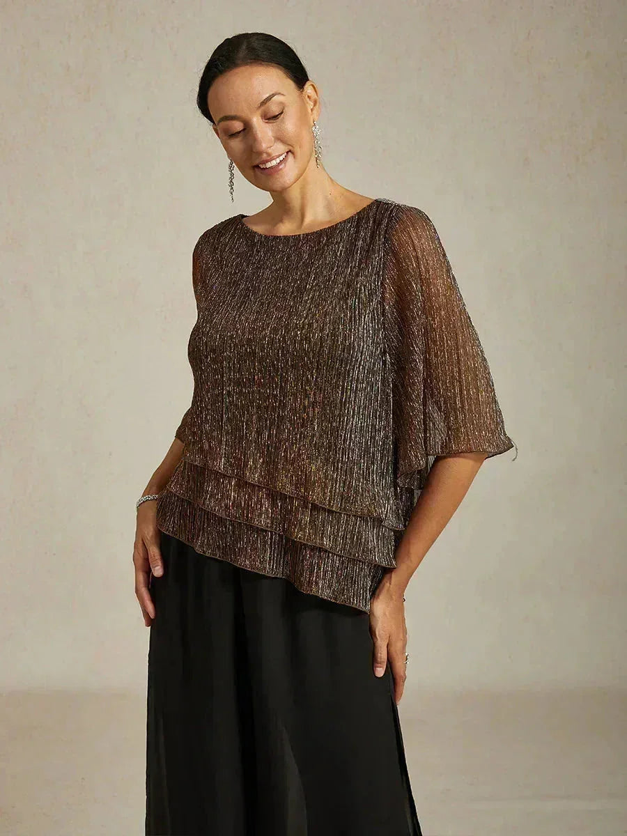 Metallische Geplooide Chiffon Asymmetrische Gelaagde Blouse