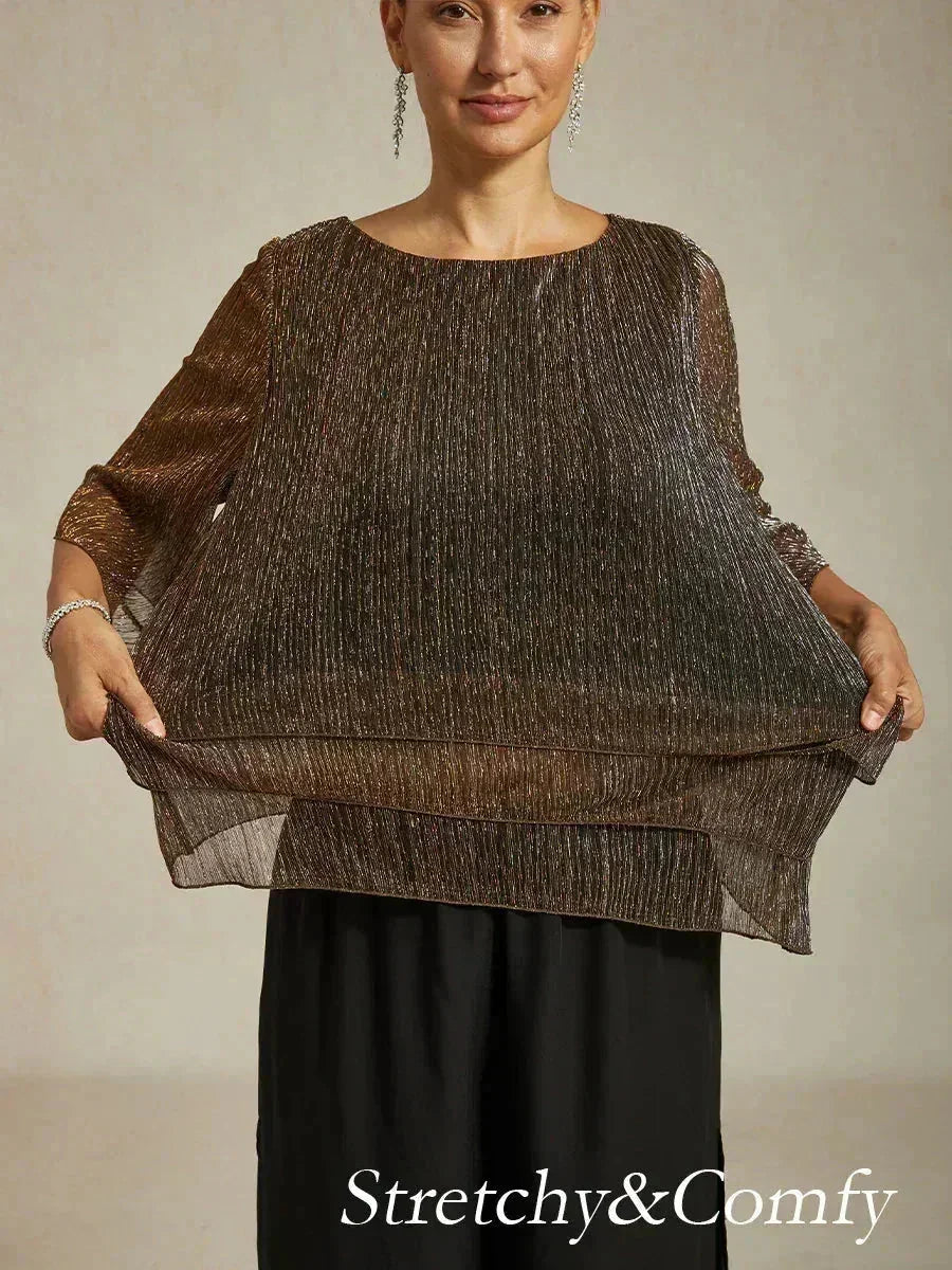 Metallisch Geplooide Chiffon Asymmetrische Gelaagde Blouse