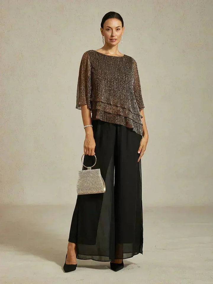 Metallisch Geplooide Chiffon Asymmetrische Gelaagde Blouse