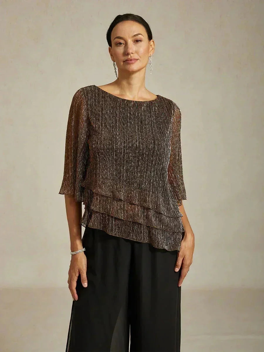 Metallic Geplooide Chiffonblouse met Asymmetrische Lagen