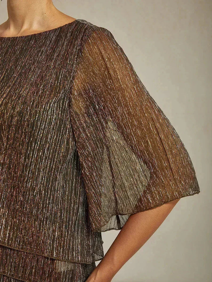 Metallisch Geplooide Chiffon Asymmetrische Gelaagde Blouse