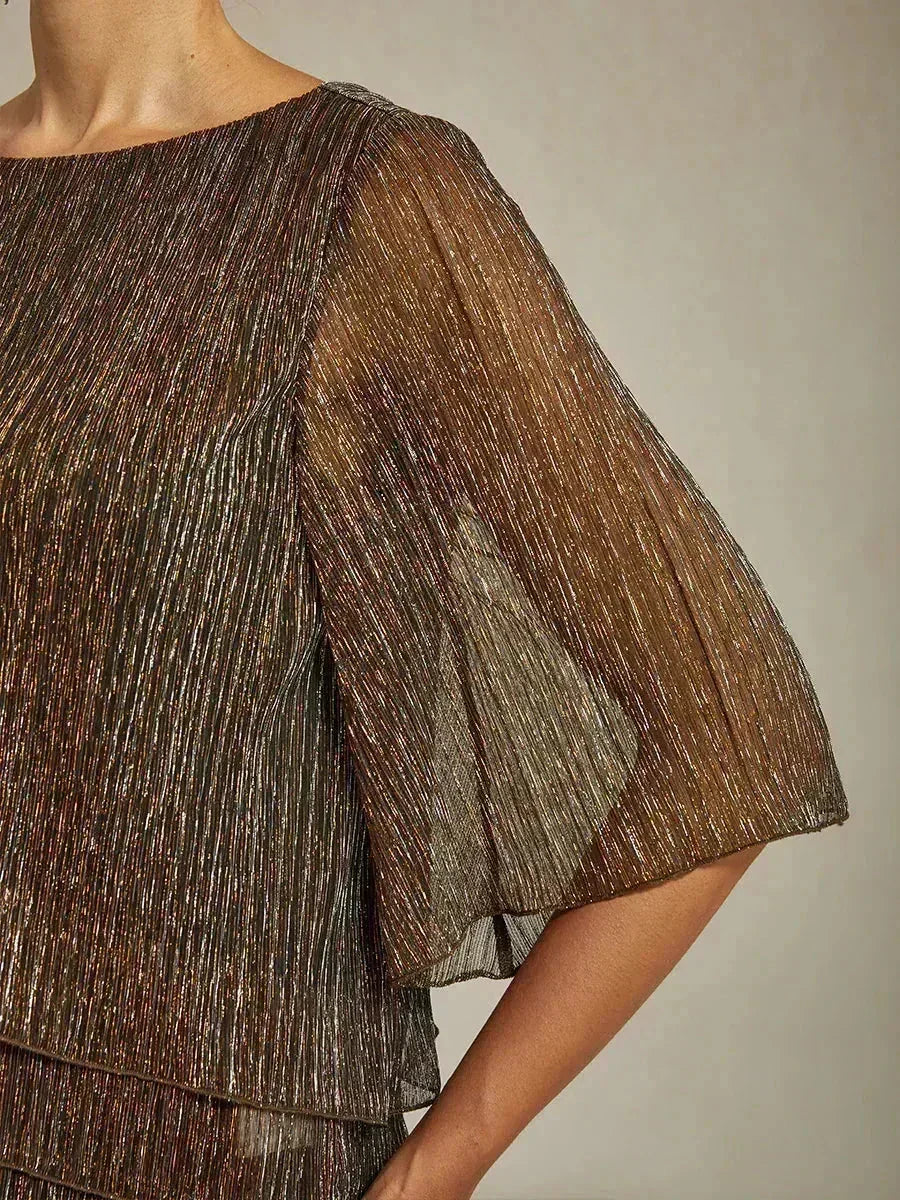 Metallische Geplooide Chiffon Asymmetrische Gelaagde Blouse