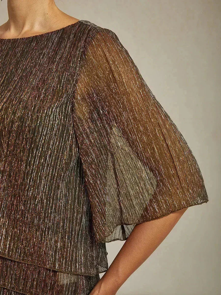 Metallische Geplooide Chiffon Asymmetrische Gelaagde Blouse