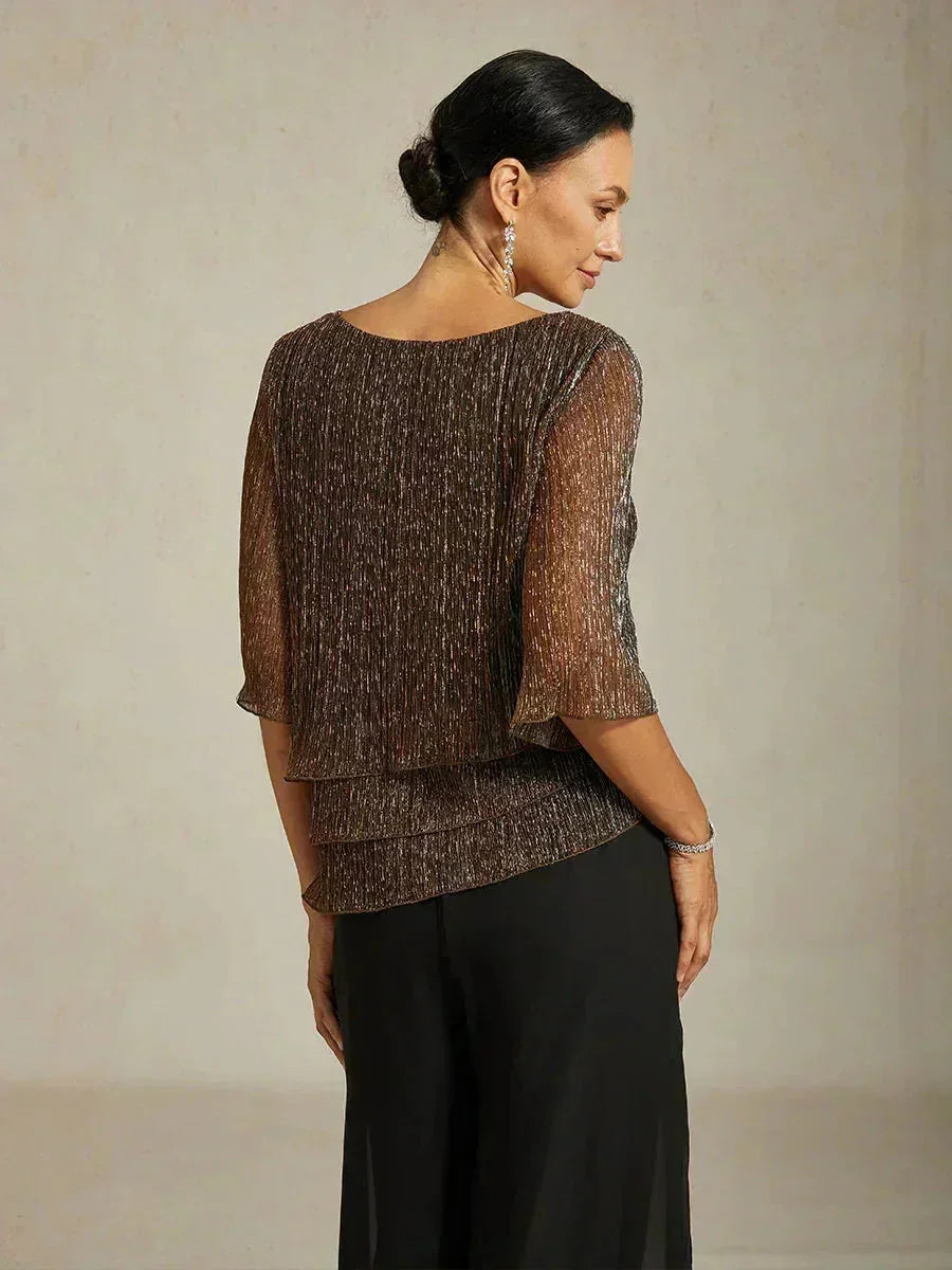 Metallisch Geplooide Chiffon Asymmetrische Gelaagde Blouse