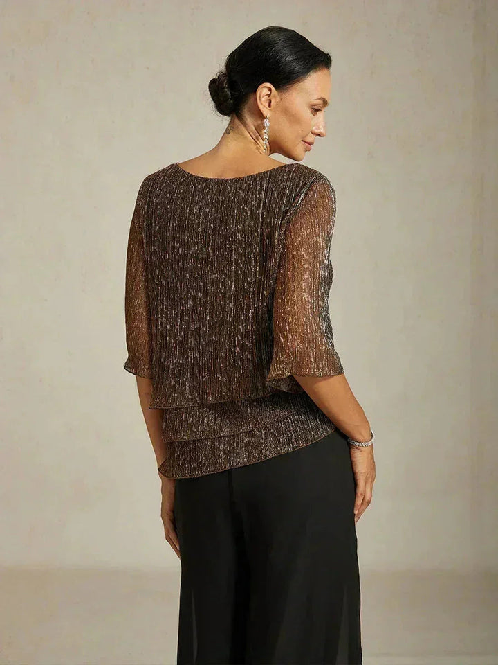 Metallic Geplooide Chiffonblouse met Asymmetrische Lagen