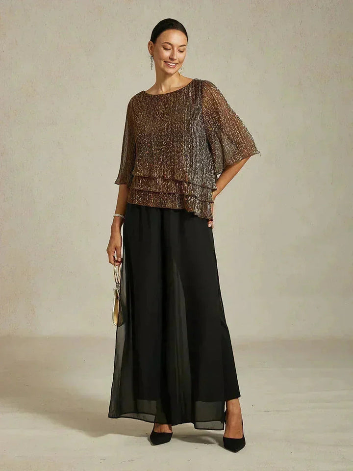 Metallic Geplooide Chiffon Asymmetrische Gelaagde Blouse