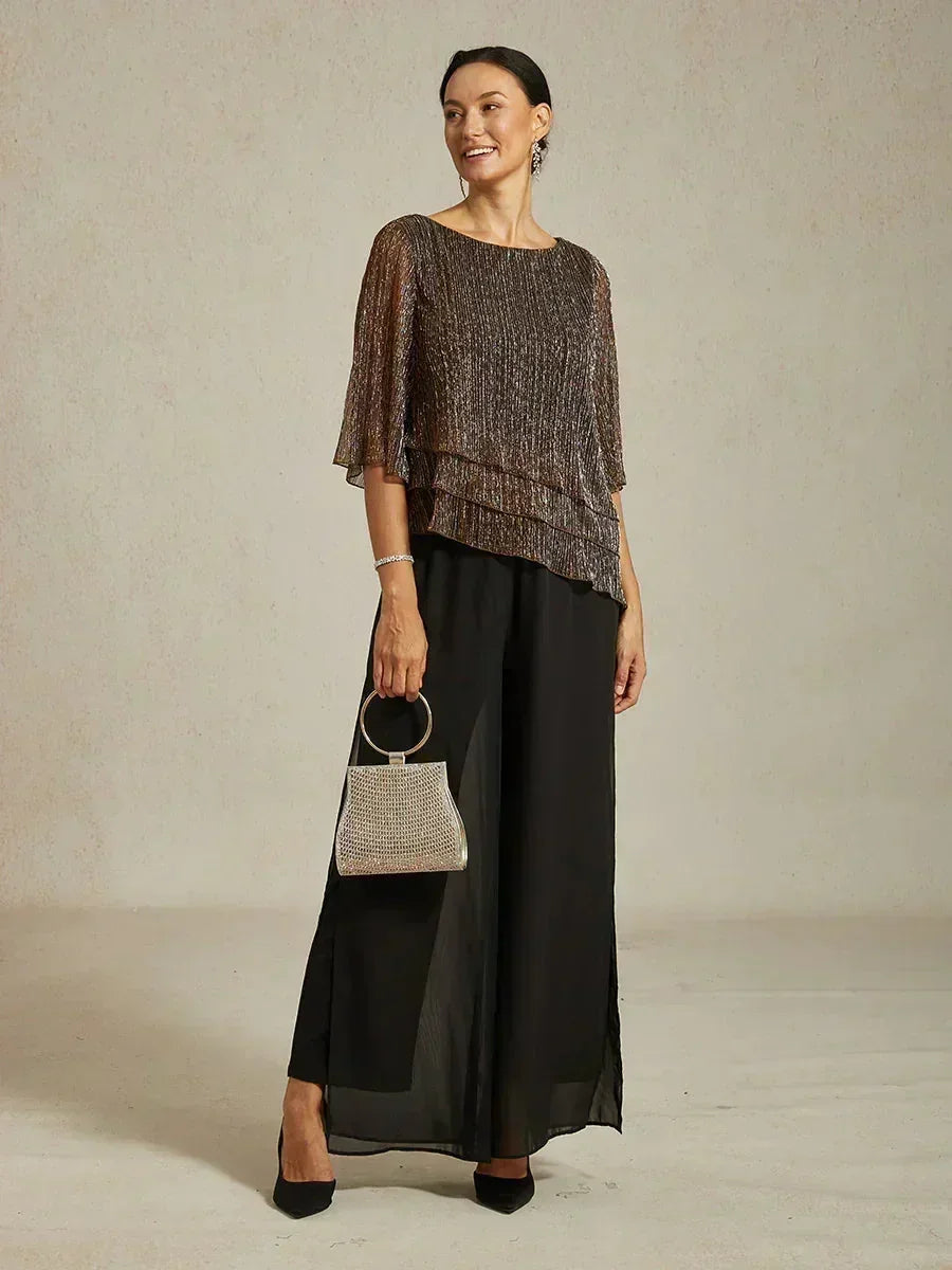 Metallic Chiffonblouse met Geplooide Stof en Asymmetrische Lagen