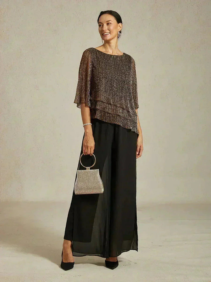 Metallische Geplooide Chiffon Asymmetrische Gelaagde Blouse