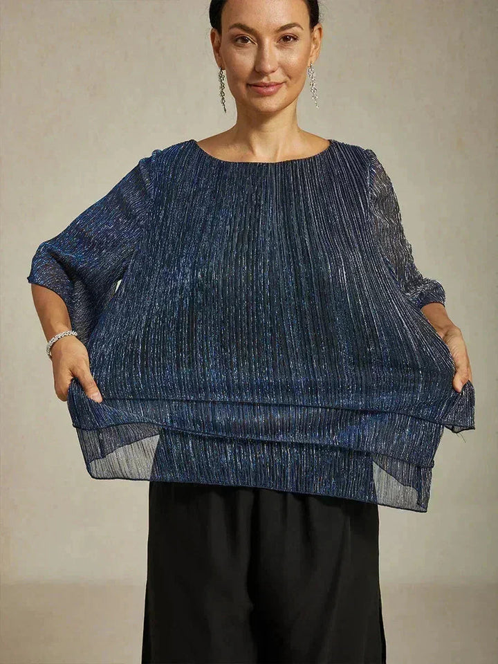 Metallische Geplooide Chiffon Asymmetrische Gelaagde Blouse