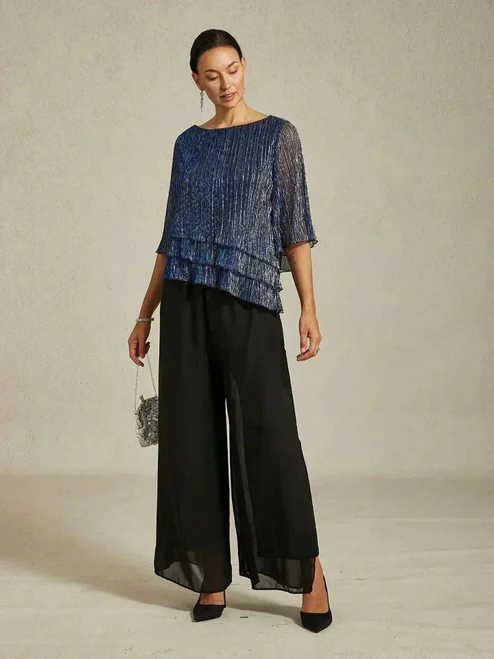 Metallisch Geplooide Chiffon Asymmetrische Gelaagde Blouse
