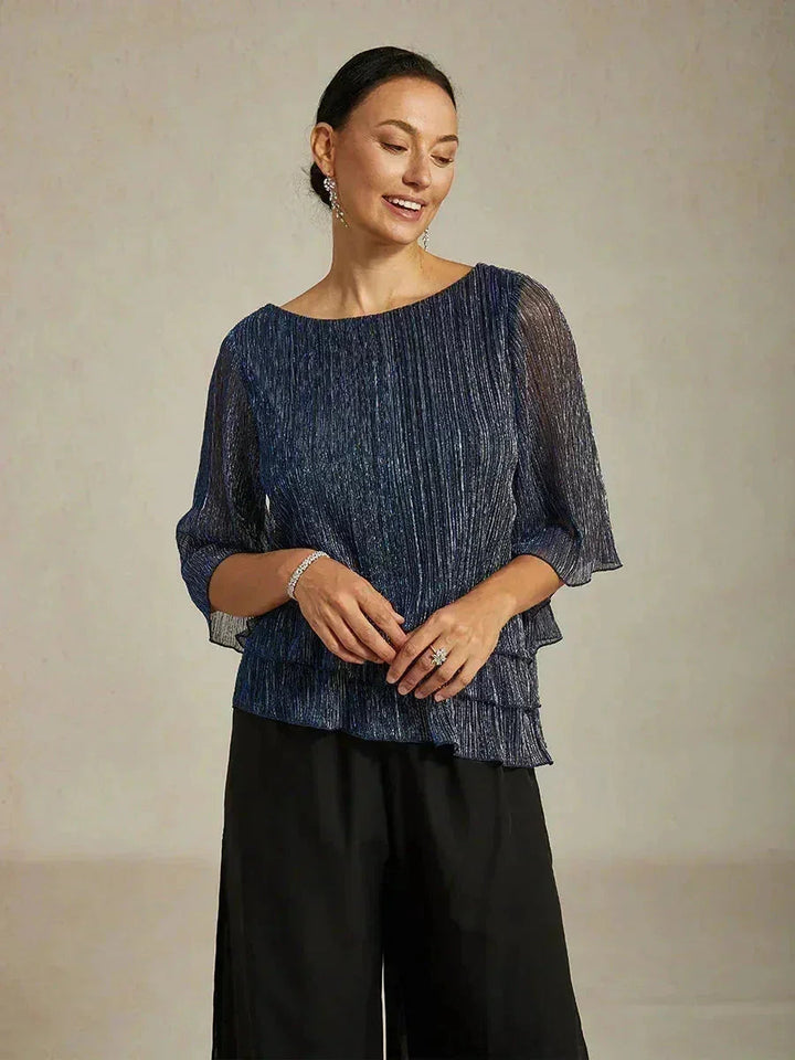 Metallic Geplooide Chiffon Asymmetrische Gelaagde Blouse