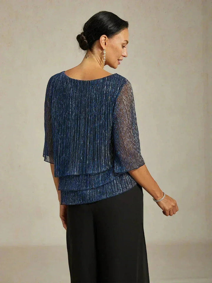 Metallisch Geplooide Chiffon Asymmetrische Gelaagde Blouse