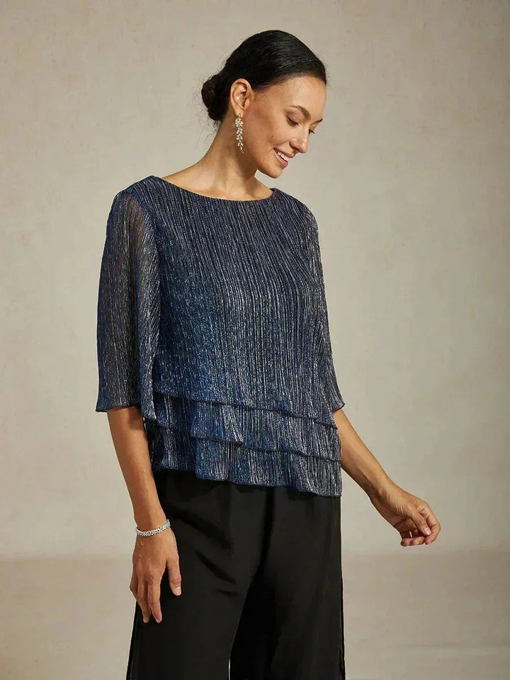 Metallic Geplooide Chiffon Asymmetrische Gelaagde Blouse