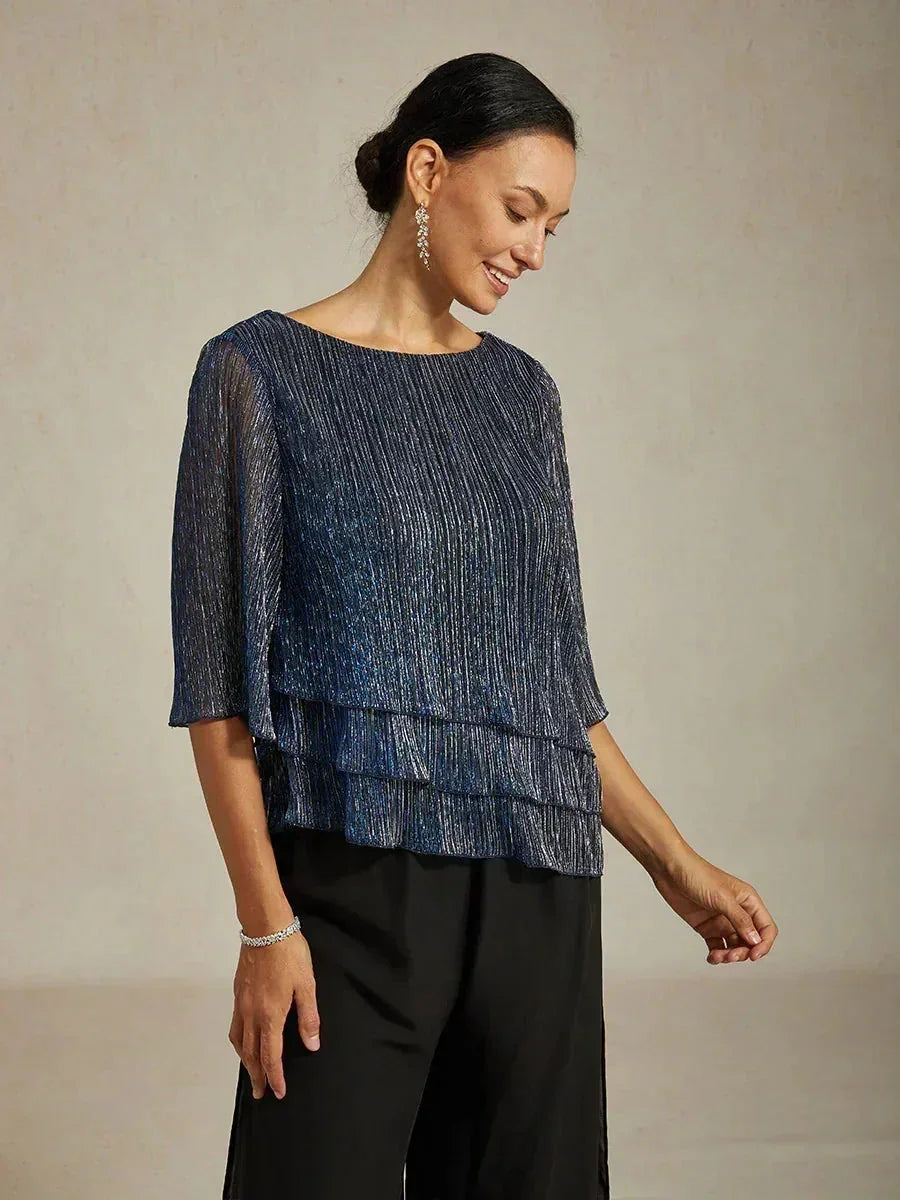 Metallic Geplooide Chiffon Asymmetrische Gelaagde Blouse