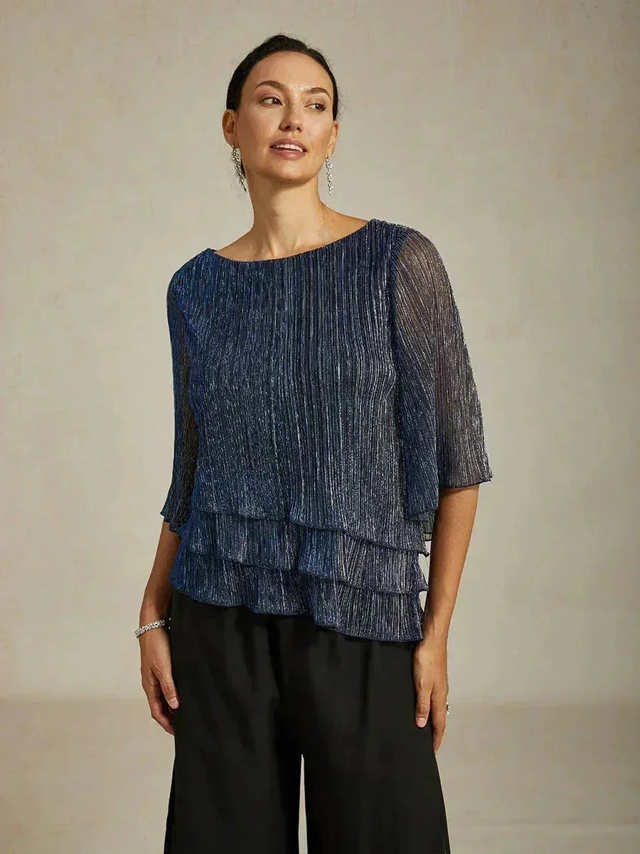 Metallic Geplooide Chiffon Asymmetrische Gelaagde Blouse
