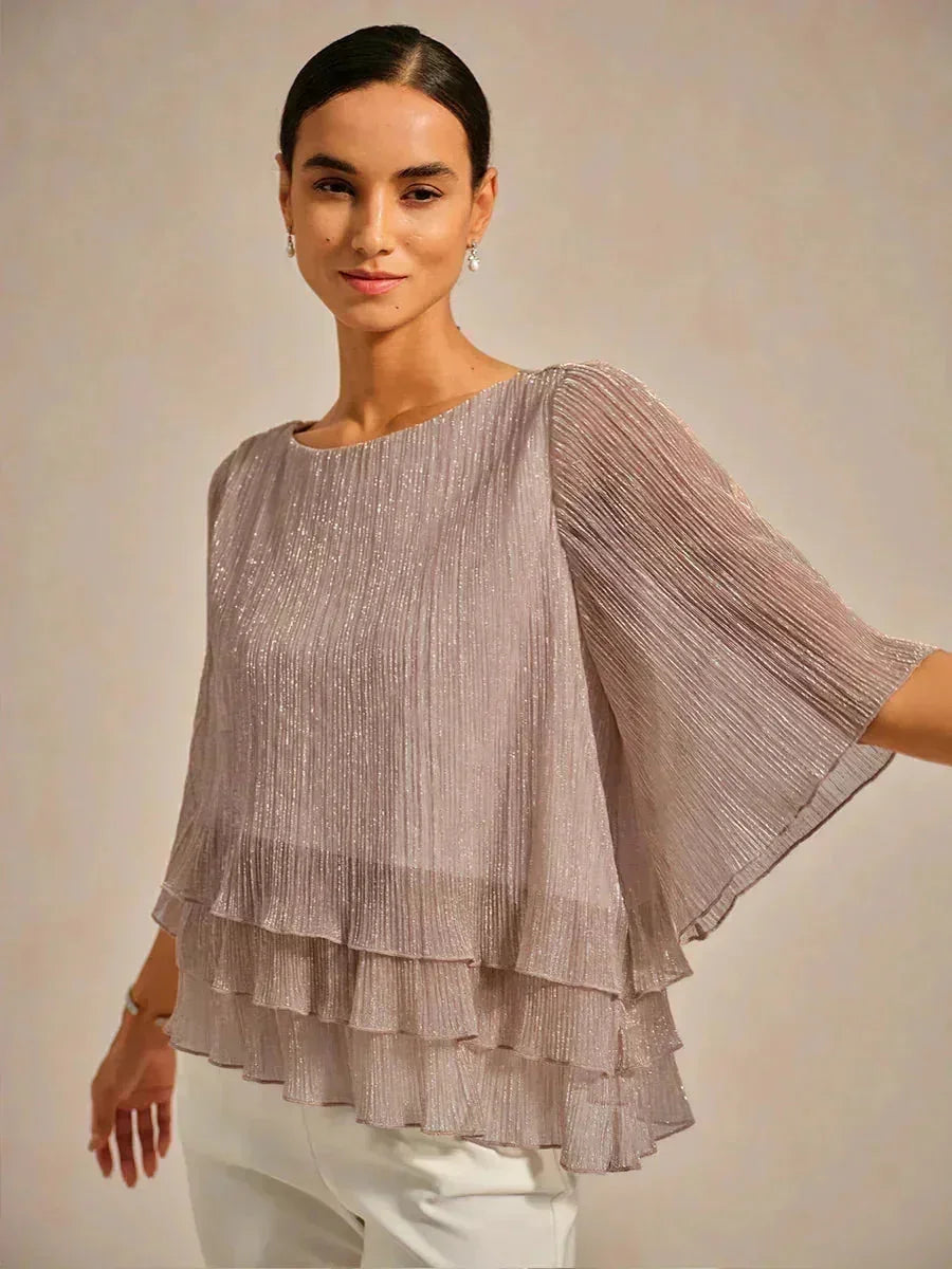 Metallic Geplooide Chiffon Asymmetrische Gelaagde Blouse