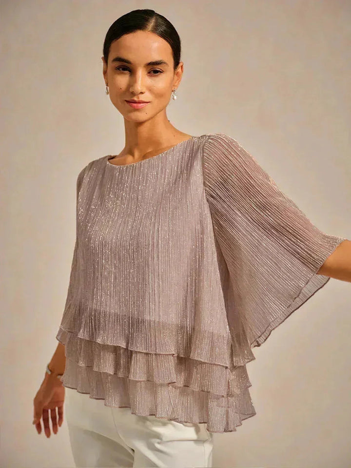 Metallic Geplooide Chiffon Asymmetrische Gelaagde Blouse
