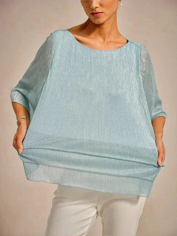 Metallic Geplooide Chiffon Asymmetrische Gelaagde Blouse