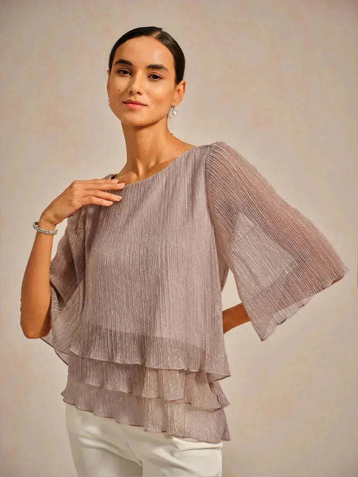 Metallische Geplooide Chiffon Asymmetrische Gelaagde Blouse