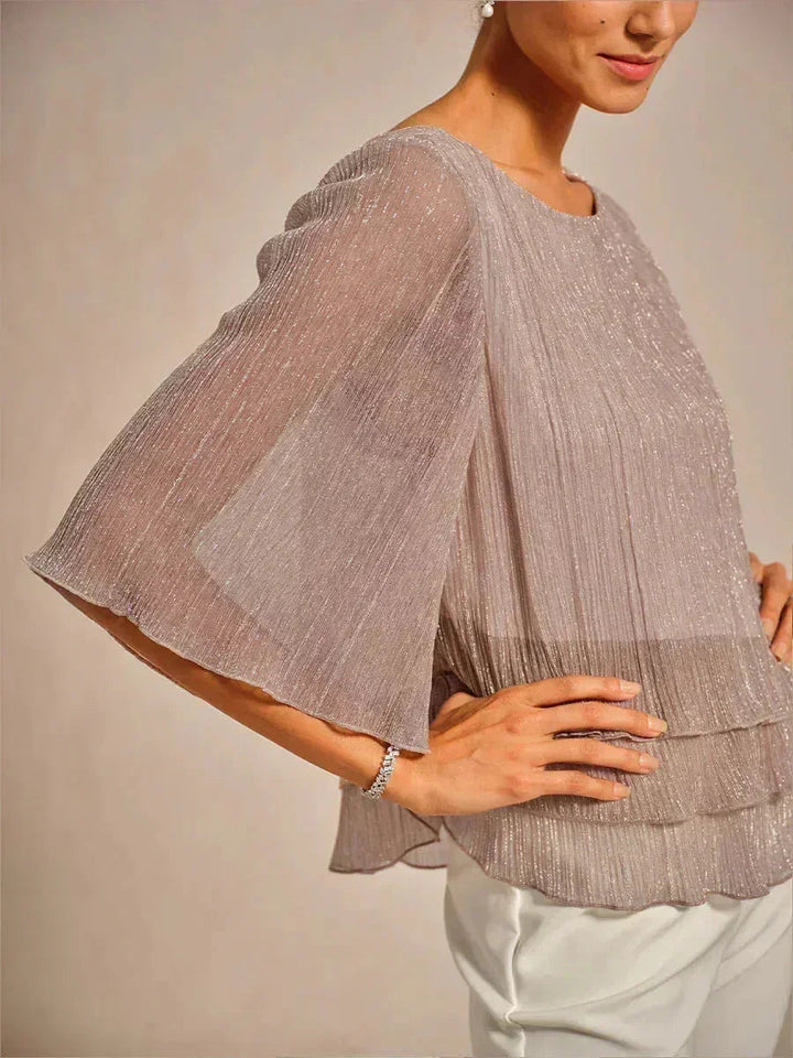 Metallic Geplooide Chiffon Asymmetrische Gelaagde Blouse
