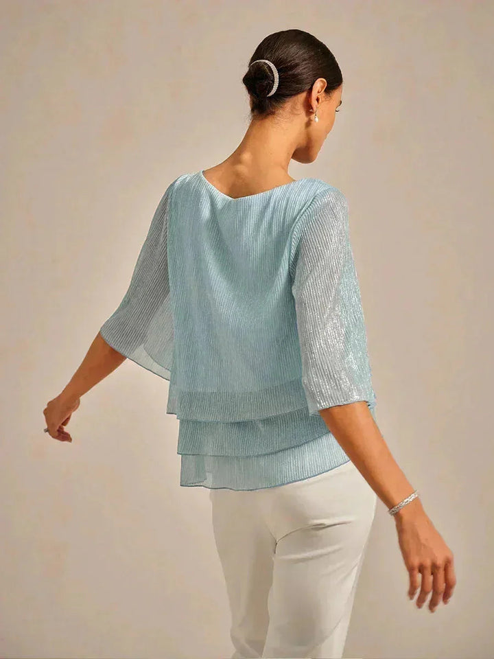 Metallic Geplooide Chiffon Asymmetrische Gelaagde Blouse