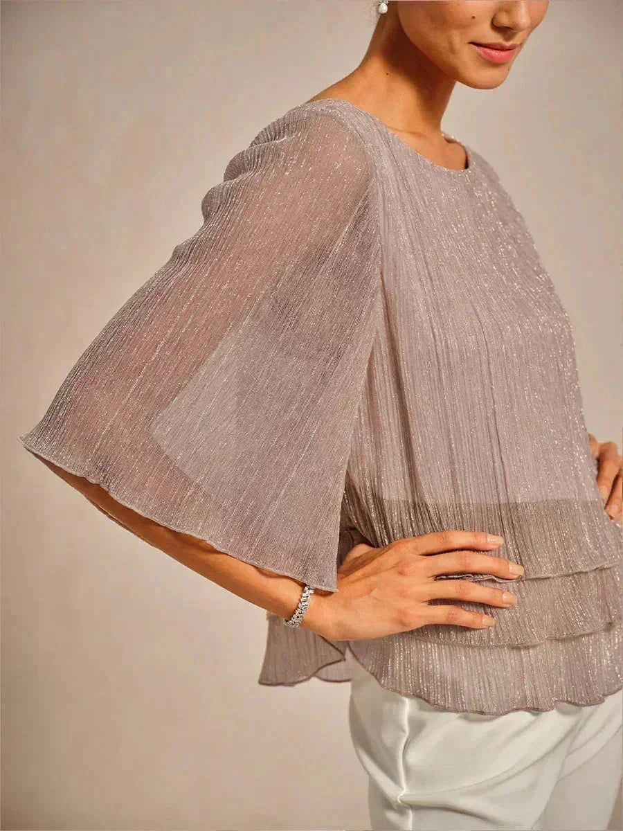 Metallische Geplooide Chiffon Asymmetrische Gelaagde Blouse