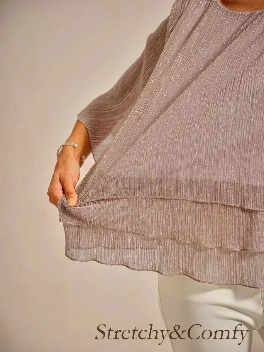 Metallic Geplooide Chiffon Asymmetrische Gelaagde Blouse