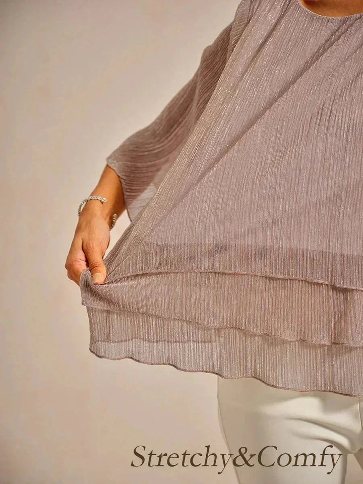 Metallic Geplooide Chiffon Asymmetrische Gelaagde Blouse