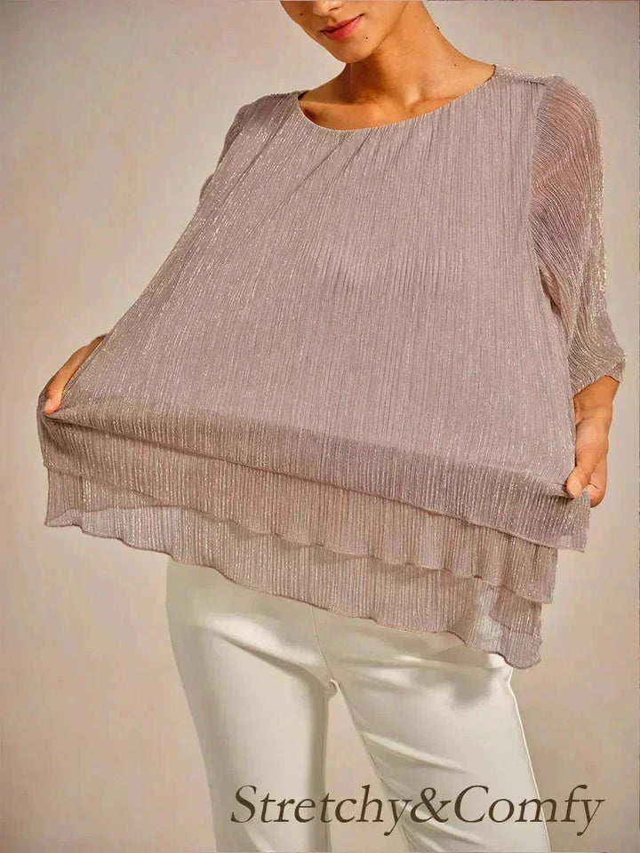 Metallic Geplooide Chiffonblouse met Asymmetrische Lagen