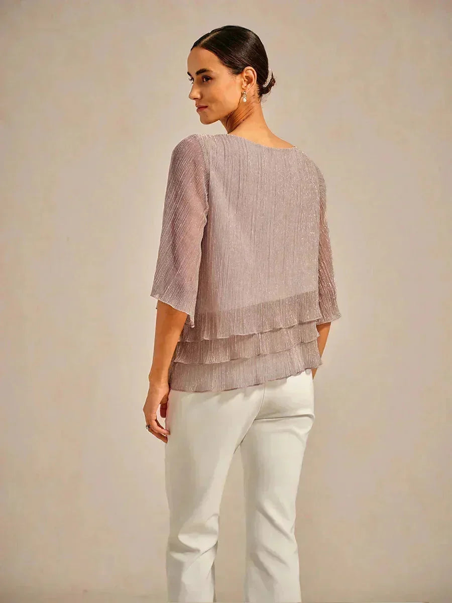 Metallic Geplooide Chiffonblouse met Asymmetrische Lagen