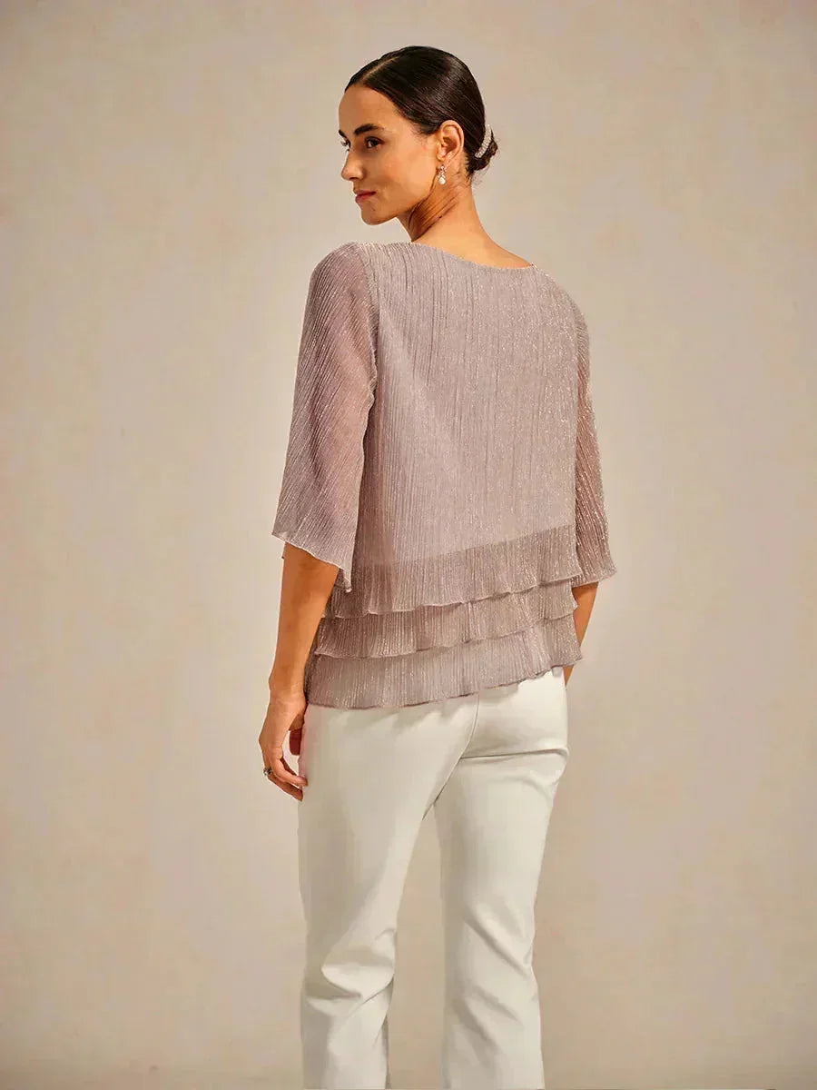 Metallic Geplooide Chiffon Asymmetrische Gelaagde Blouse