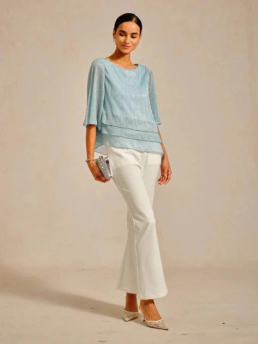 Metallisch Geplooide Chiffon Asymmetrische Gelaagde Blouse