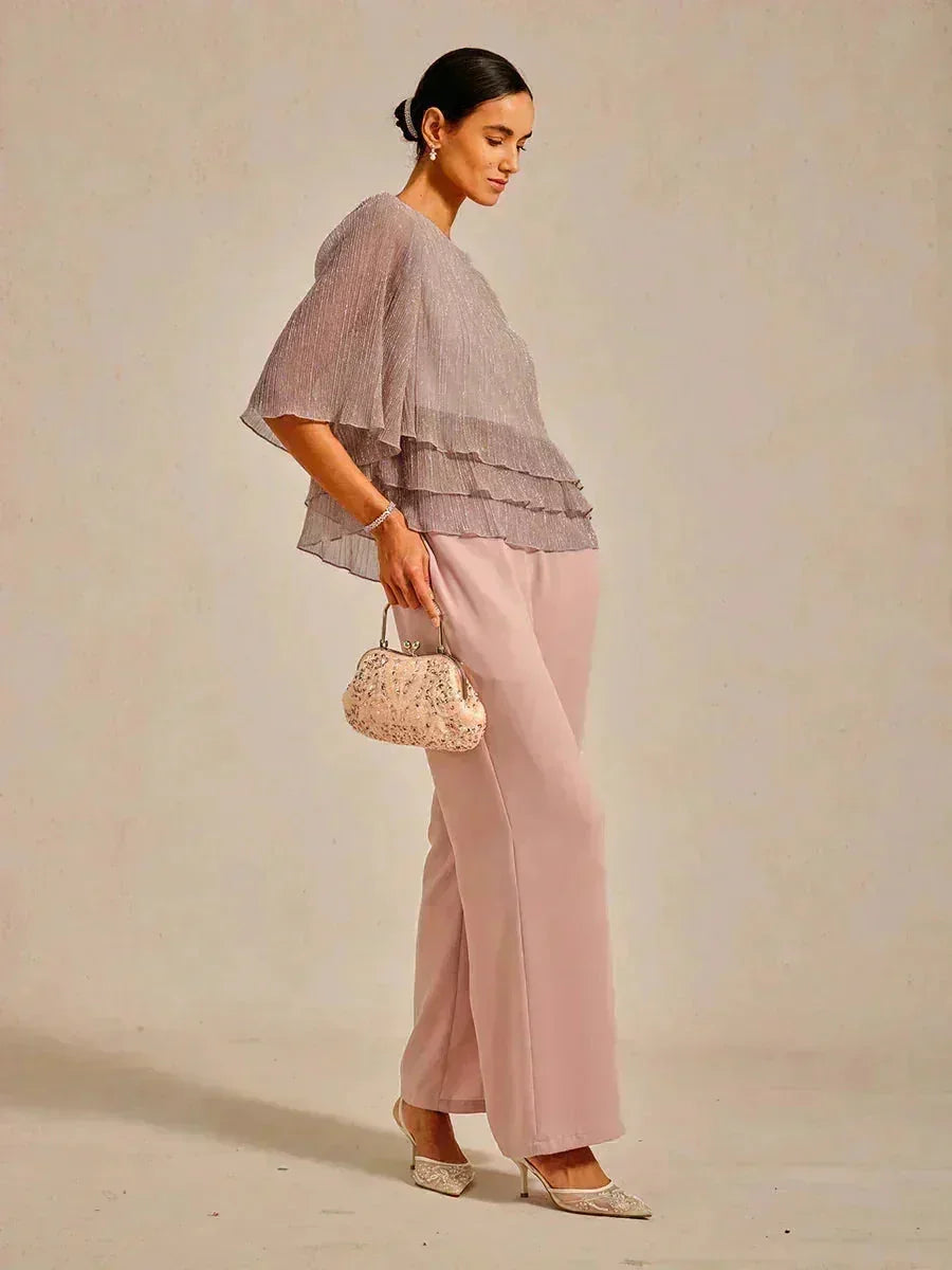Metallic Geplooide Chiffon Asymmetrische Gelaagde Blouse