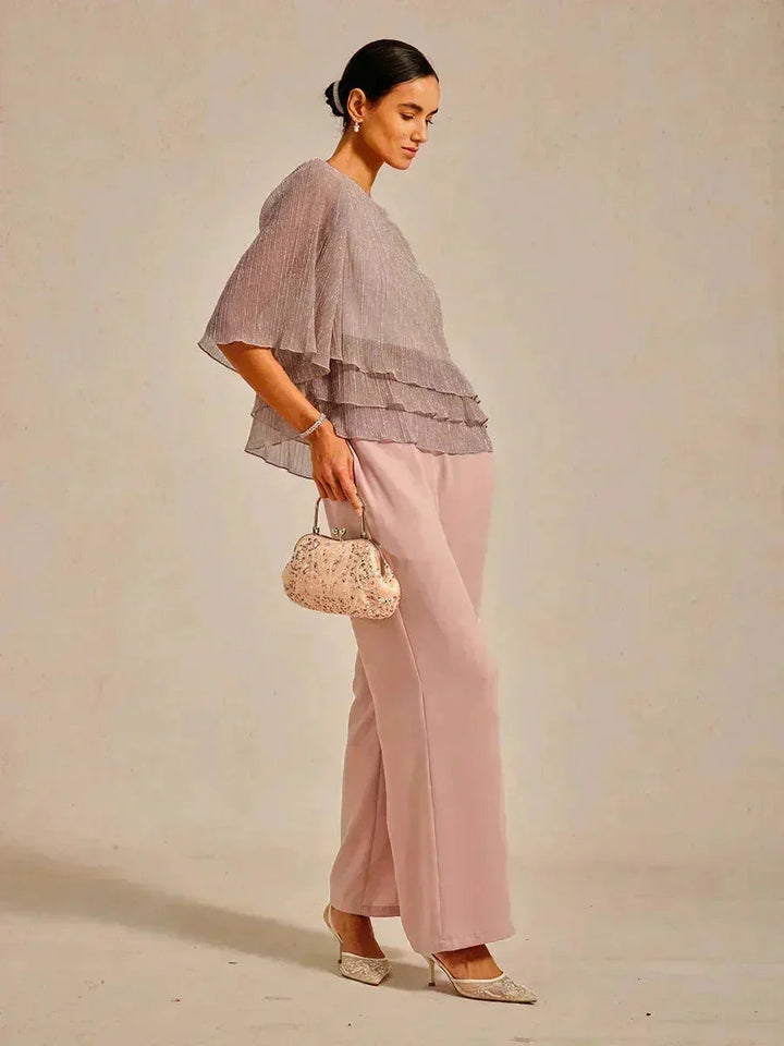 Metallic Geplooide Chiffon Asymmetrische Gelaagde Blouse
